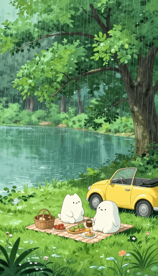 萌系生物素材：雨中萌系野餐：吉卜力治愈森林童话