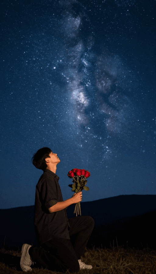 人物肖像素材：星空下的深情告白：玫瑰与理想爱人的浪漫愿望