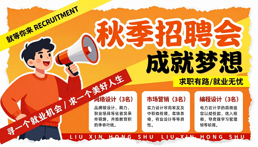 卡通插画素材：活力秋季招聘海报：开启职场新机遇