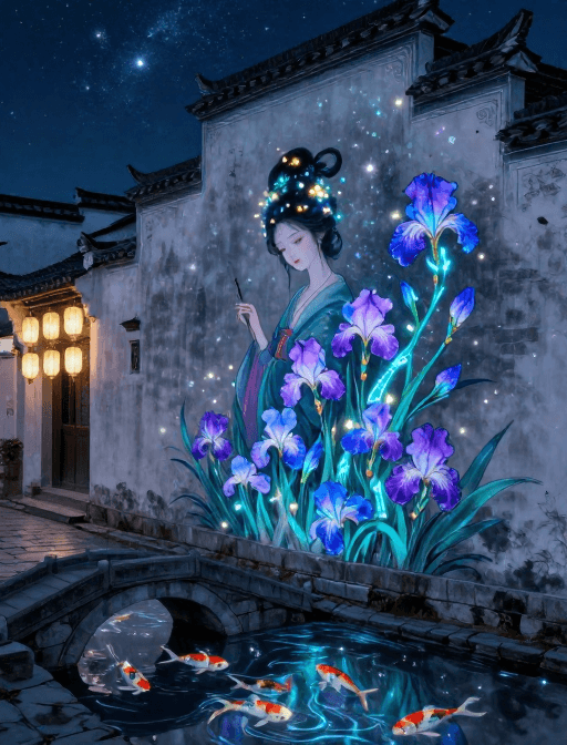 夜光色谱素材：徽派花神幻境：霓虹与绢本交织的夜光画卷