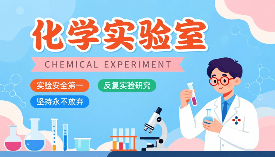 科普宣传素材：清新科普：扁平化学实验室插画海报