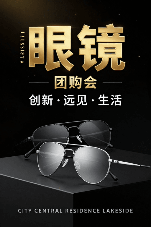 现代感素材：高端奢华眼镜促销：金属质感与金色光效的极致演绎