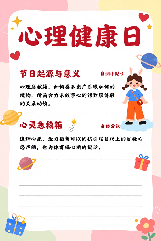 治愈系设计素材：心理健康日：明亮活泼治愈系插画海报