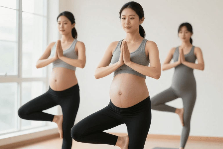 广告摄影素材：孕妈妈瑜伽树式练习：自然光下的健康与优雅实拍