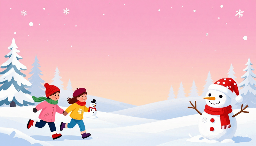 冬季素材：冬日童话插画：儿童携手奔向快乐雪景
