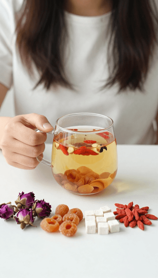 健康生活方式素材：自然养生：精致女性品饮护肝升阳茶的清新瞬间