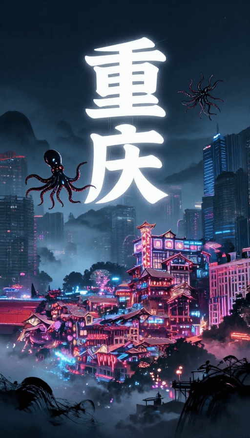 数字媒体素材：赛博朋克重庆：霓虹穿透水墨云海的机械奇观