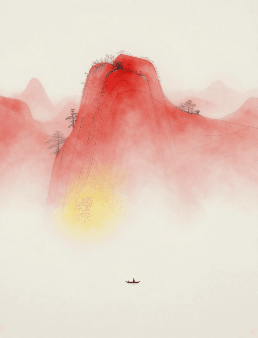 大师作品素材：极简禅意山水：孤舟超现实梦境