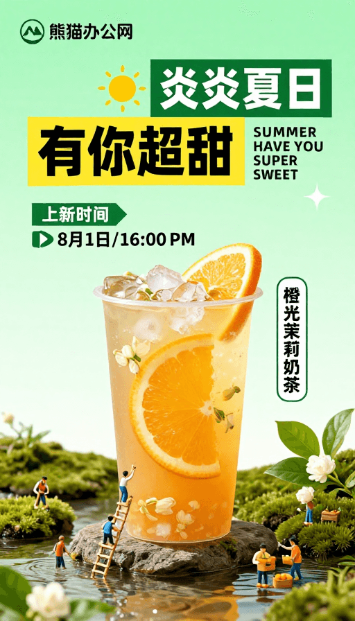 清新治愈风素材：橙光茉莉清凉夏饮海报：有你超甜