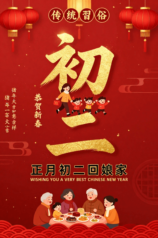 中国传统风素材：传统中国风大年初二回娘家喜庆海报