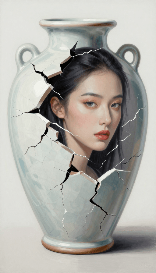 超现实破碎肖像：冷酷女明星与陶瓷裂痕的艺术碰撞