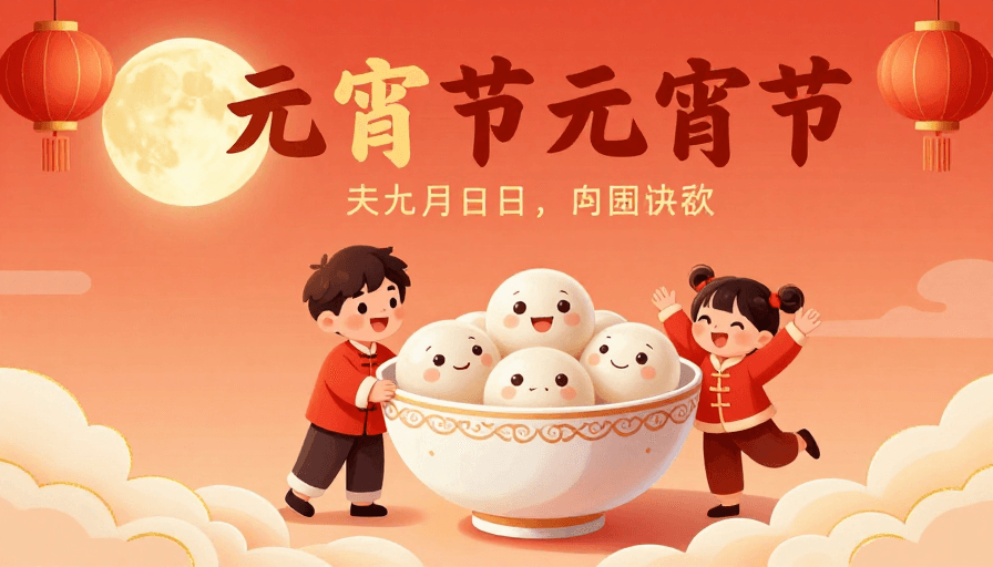 团圆祥和素材：元宵喜乐：传统瓷碗汤圆与孩童欢腾插画