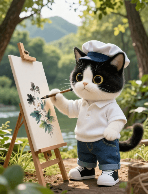 萌趣风格素材：萌趣奶牛猫山林国画写生