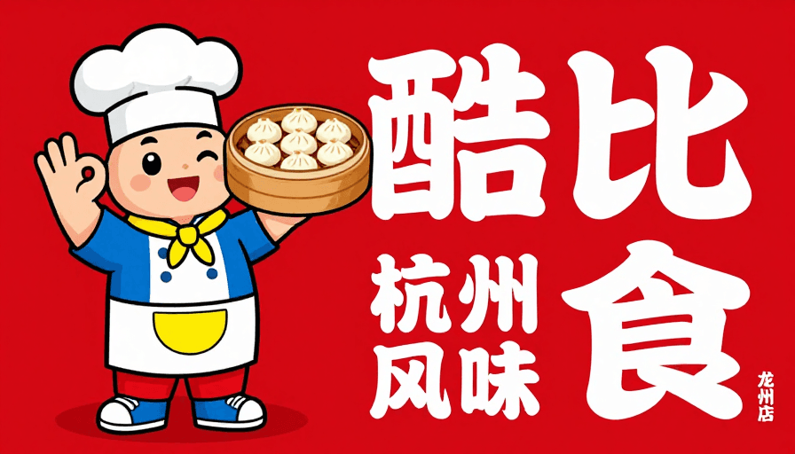 中式美食素材：卡通厨师呈现的杭州风味餐饮品牌宣传海报