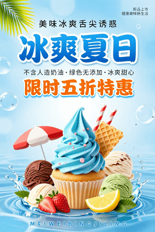 视觉冲击素材：冰爽夏日促销海报：清新蓝白冰淇淋视觉盛宴