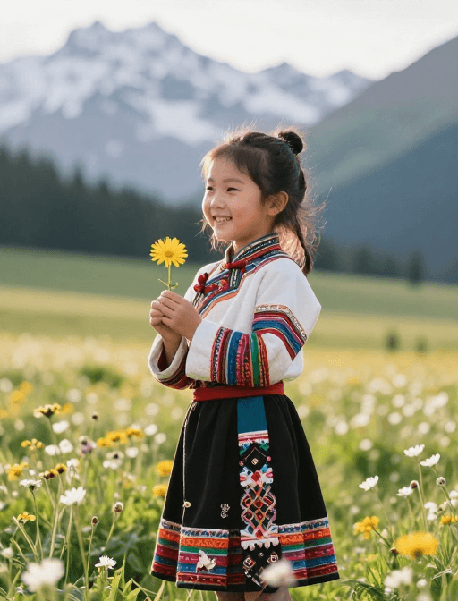 自然光素材：藏族少女草原晨影：雏菊与雪山的温暖诗篇