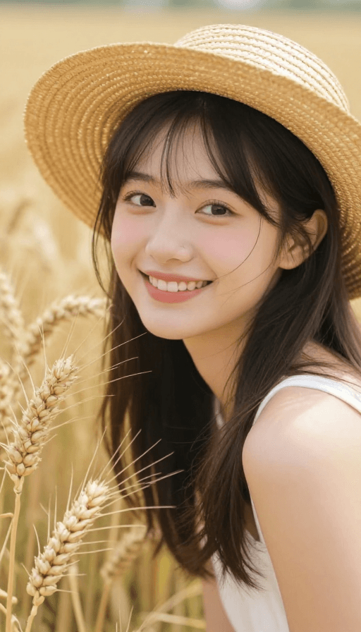 农忙场景素材：金黄麦田中甜美少女的丰收喜悦瞬间