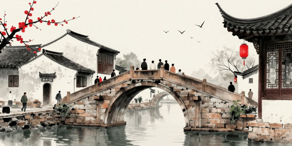 传统元素素材：水墨江南：古桥行旅与红梅映景