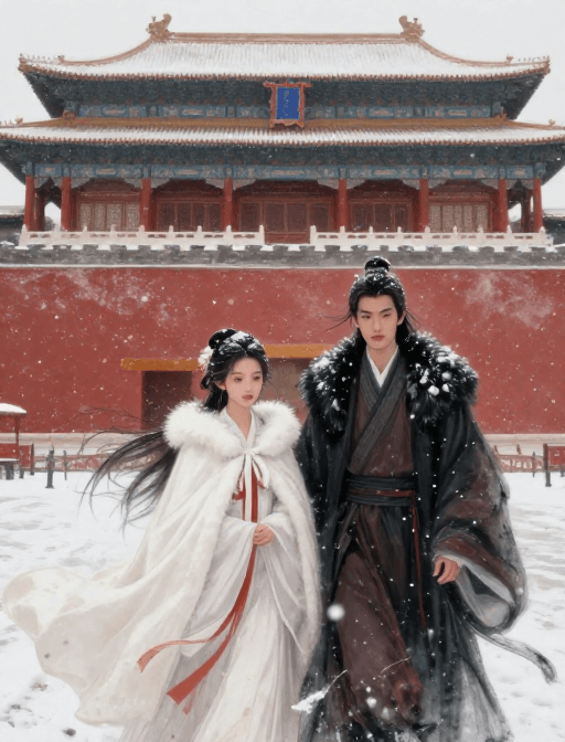 光影对比素材：风雪古韵：暗红宫墙下的双人写意