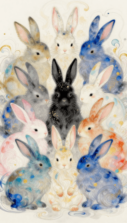 幻彩兔子素材：幻彩兔群与神秘黑兔的治愈系线稿插画