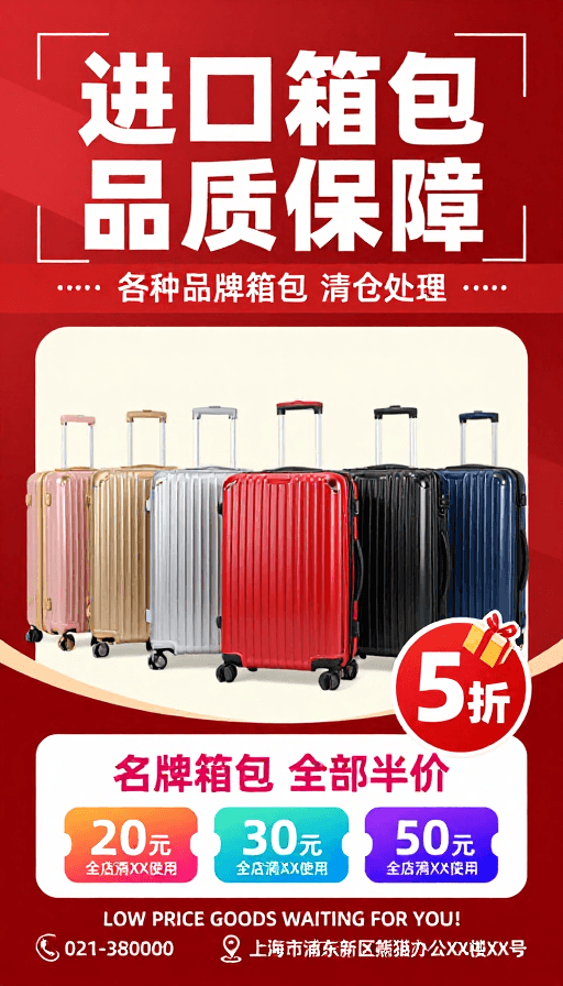 广告海报素材：高端箱包清仓大促：品质保证五折特惠
