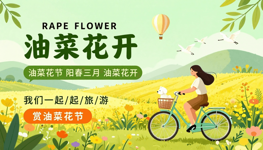 清新插画素材：清新春日插画：油菜花开的生机之旅