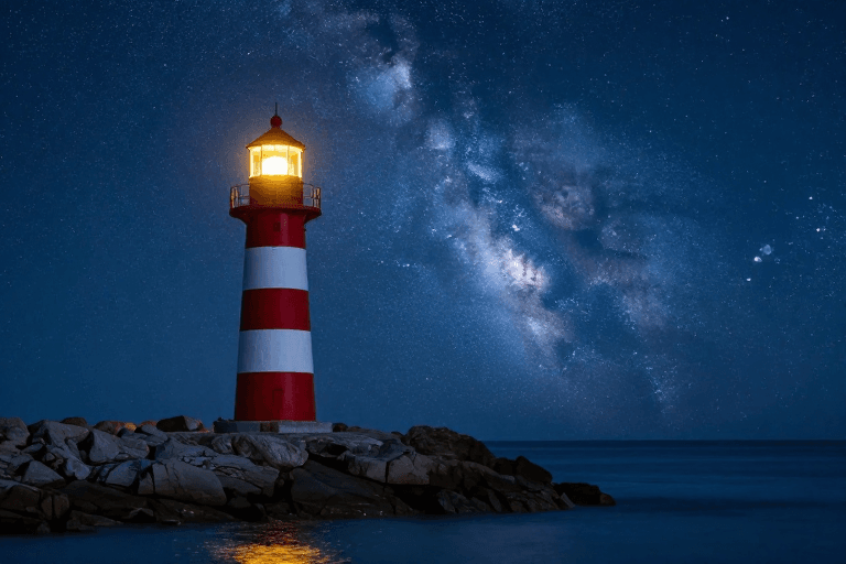 冷暖色调素材：银河下的红白灯塔：冷峻夜景中的温暖指引