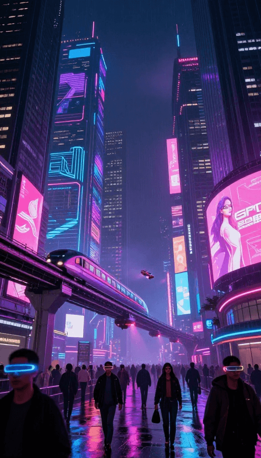 光影摄影素材：霓虹紫夜：未来赛博都市光影幻境