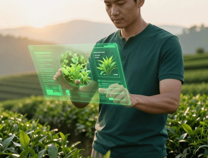 智慧农业素材：智慧农业未来：全息界面与茶园晨光的融合