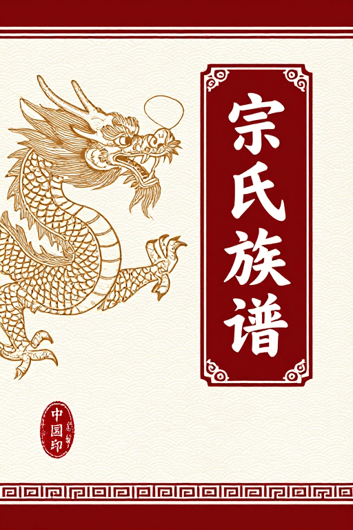 传统装饰素材：红金龙纹中国传统族谱封面艺术设计图