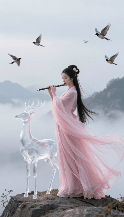 古风意境素材：粉纱少女吹笛山巅，七彩神鹿伴舞仙韵