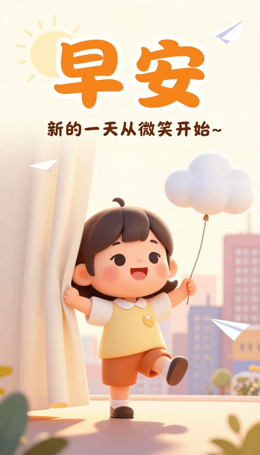 早安问候素材：卡通手绘Q版早安：踮脚迎朝阳的快乐时光