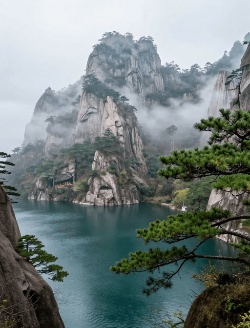 山水画素材：云雾缭绕的奇峻山峰与清澈湖水，国风画卷中的自然意境