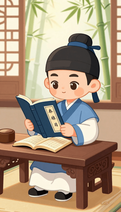 竹林背景素材：古私塾童趣时光：阳光下的书童读书插画