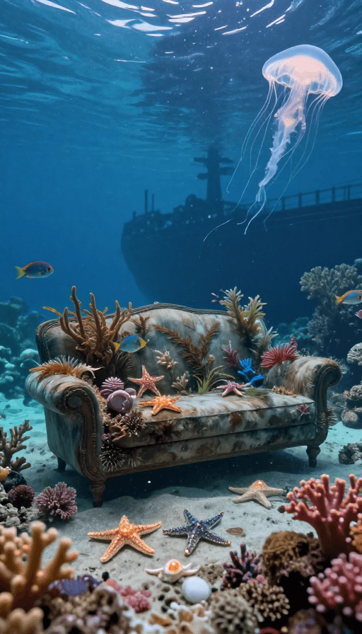 海洋生物素材：深海奇幻：复古沙发与海洋生物共生
