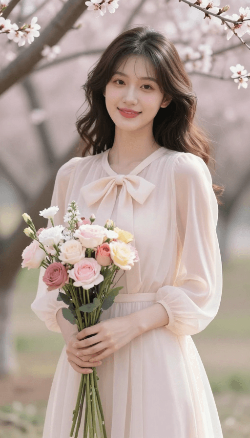 少女穿搭素材：春日芳华：时尚少女与桃花的清新写真