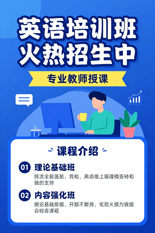 蓝色渐变背景素材：英语培训班招生：现代扁平风清新活力海报