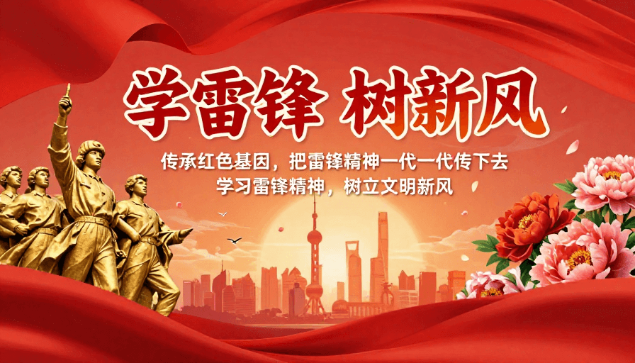雷锋精神素材：雷锋精神传承海报：红色绸带下的时代新风尚