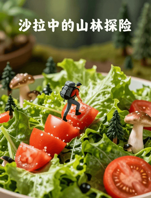 社交素材素材：趣味沙拉冒险：小人偶番茄丛林探险
