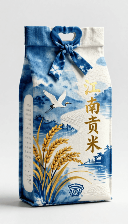 青花瓷纹样素材：靛蓝水墨江南贡米包装：稻穗白鹭烫金质感设计