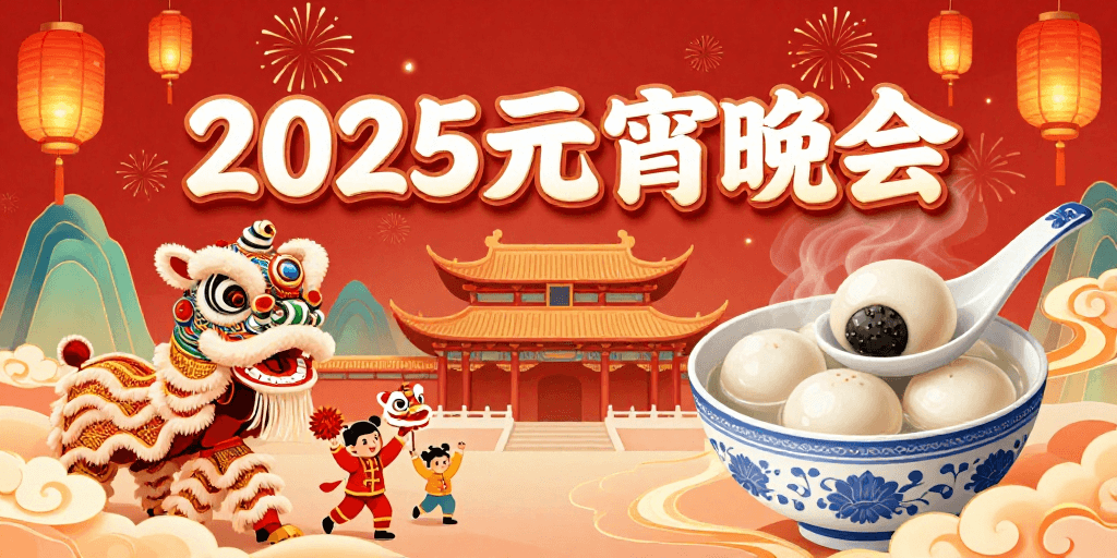 手绘艺术素材：2025元宵晚会：朱红金彩中国风插画海报