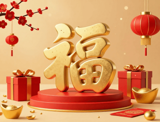 春节元素素材：新春福瑞：金色立体‘福’字与节日装饰