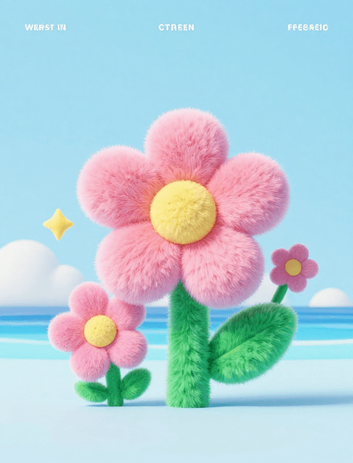 C4D渲染素材：夏日治愈：C4D毛绒花海与极简多巴胺美学