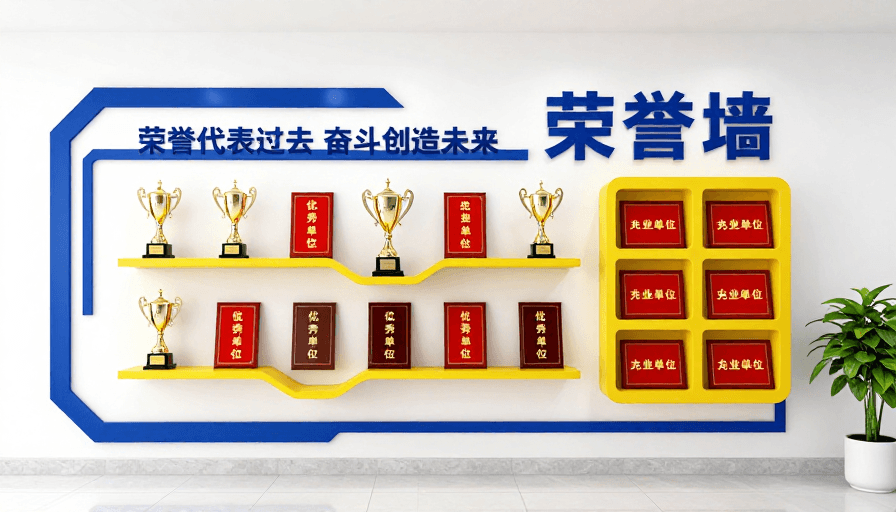 蓝黄白配色素材：现代企业荣誉墙：蓝黄白三色专业视觉呈现