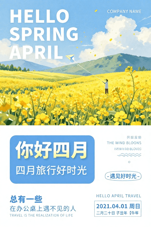 海报模板素材：你好四月：治愈系春季旅行治愈海报