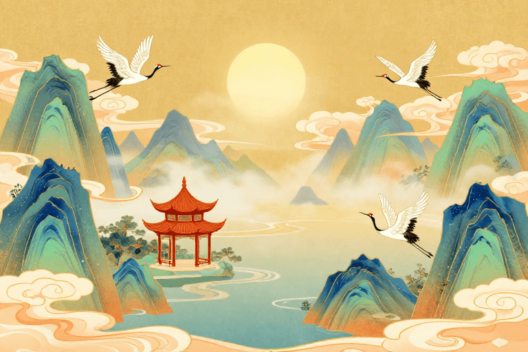 暖金色调素材：金韵青绿：宋代山水与现代云鹤意境插画