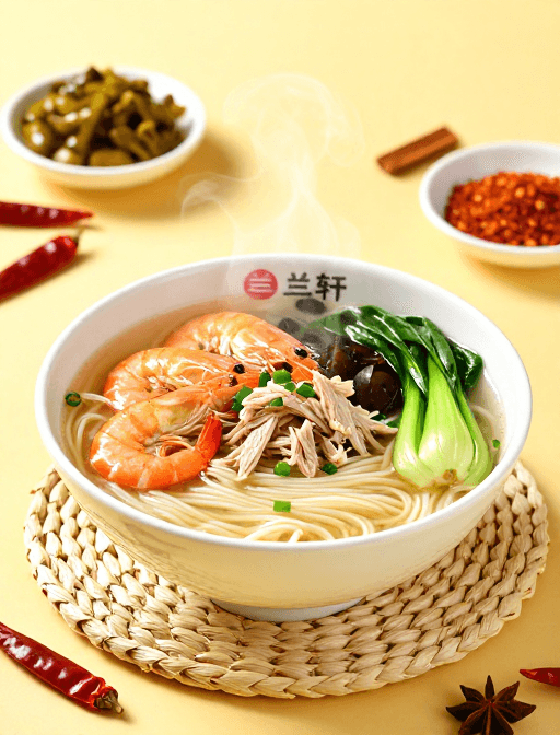 浅景深构图素材：兰轩鲜虾肉丝面：暖光下的家常美味