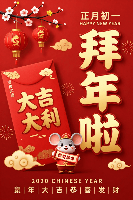 3D艺术素材：红色喜庆中国风2020鼠年海报