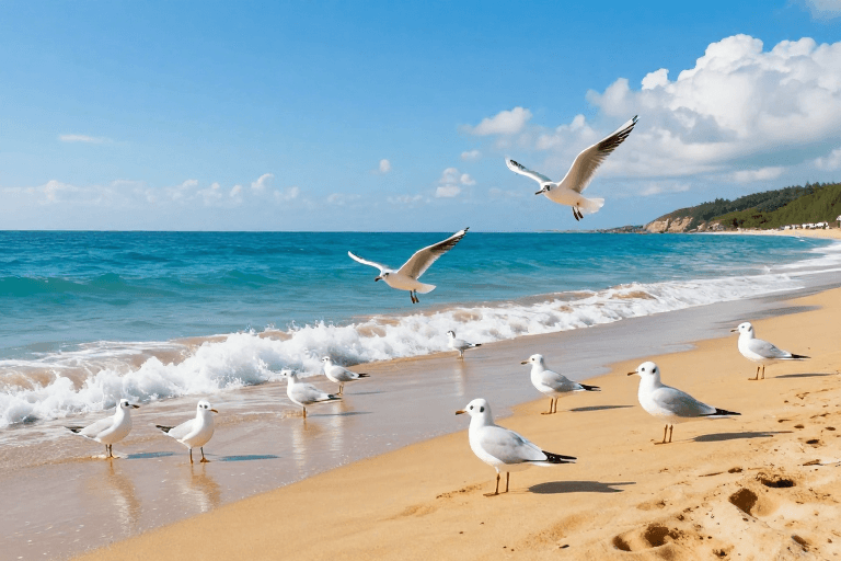 海边风光素材：碧海蓝天间海鸥翩舞的生态画卷