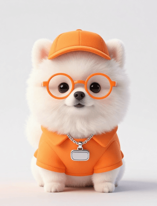 高清画质素材：萌趣博美犬：橘色配饰增添时尚与可爱魅力